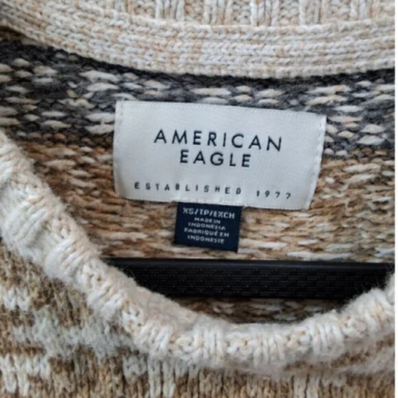 Vintage American Eagle XS Cotton Fairisle Sweater in Neutral Tan Colors - Picture 3 of 6